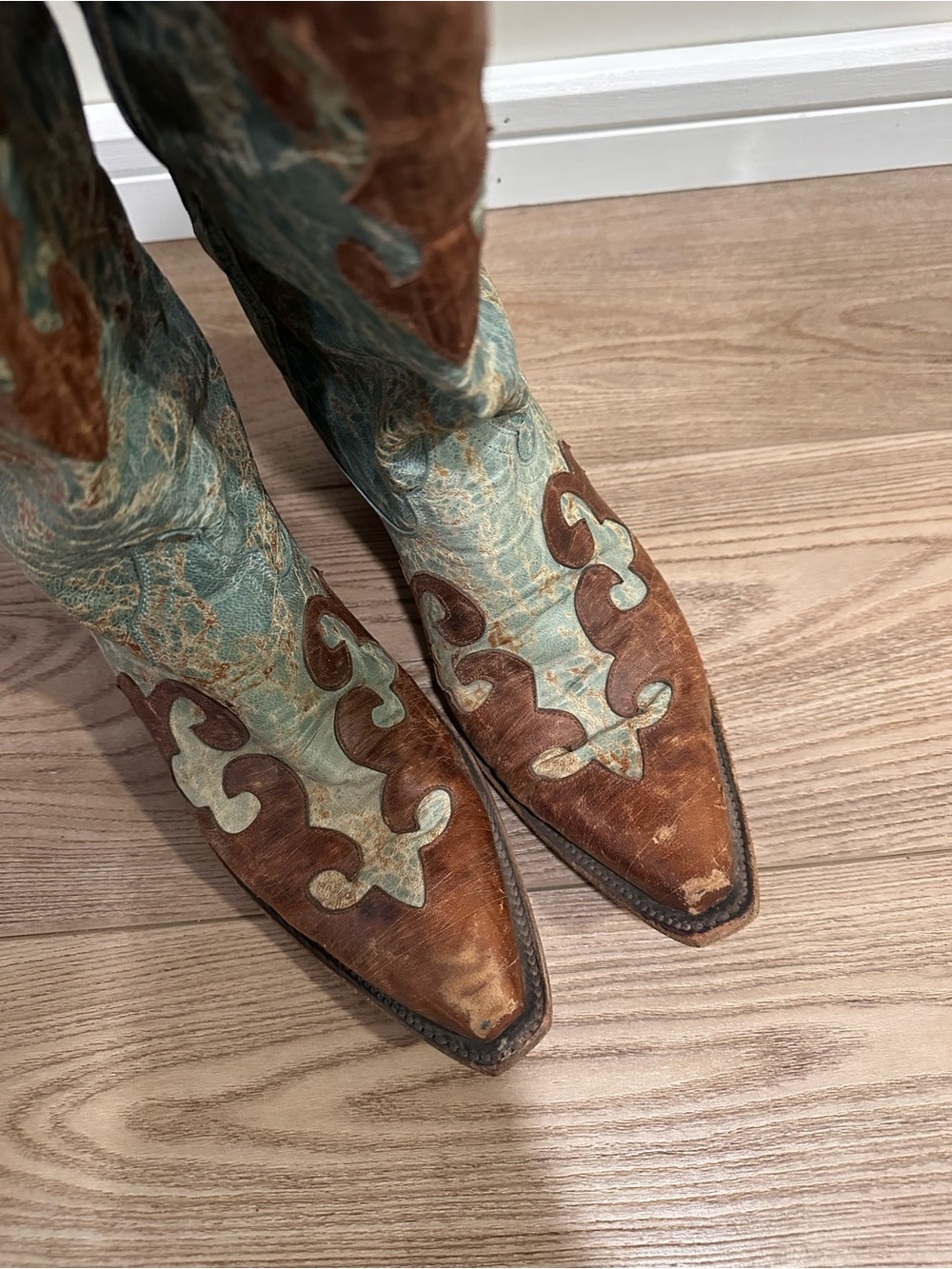 Vintage Two-Tone Brown and Teal Western Boots -